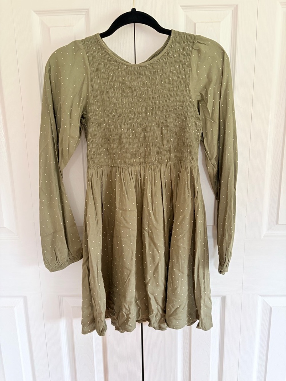 SO Olive Green Long Sleeve Smocked Dot Dress